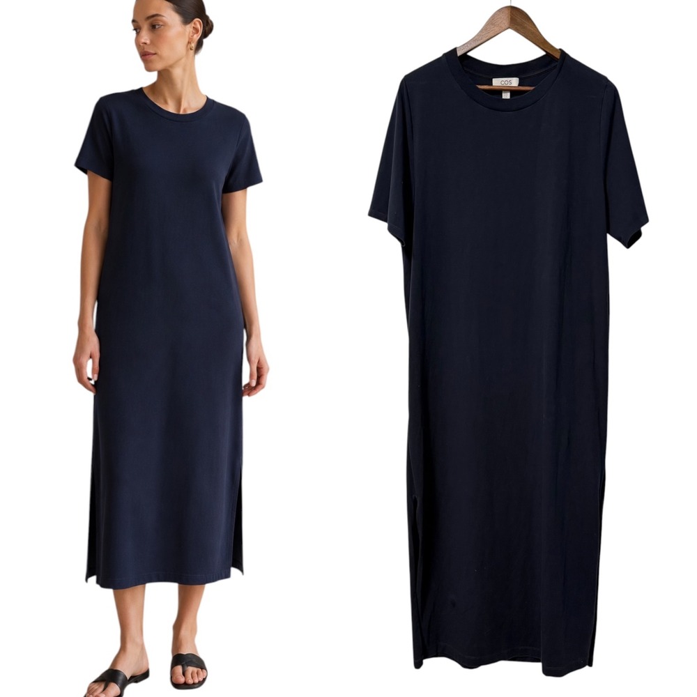 COS T-Shirt Dress Women M Navy Blue Midi Short Sleeve Minimalist Quiet Luxury